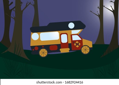 Vector modern flat illustration travel van. Commercial Vehicle,service icon.van concept for banner, flyer, article. Vector illustration with van life movement in cartoon style