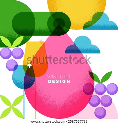 Vector modern flat illustration of wine bottle, glasses, liquid wine drop and grapes. Label, poster, winery shop design elements. Abstract geometric bar drinks menu background with place for text