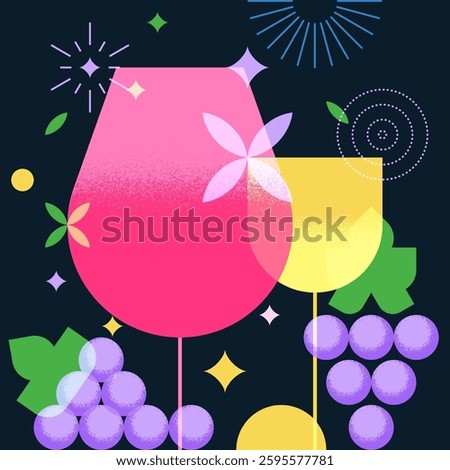 Vector modern flat illustration of wine bottle, glasses, liquid wine drop and grapes. Label, poster, winery shop design elements. Abstract geometric bar drinks menu background with place for text