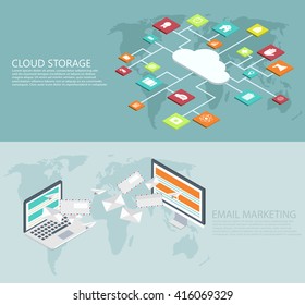 vector modern flat isometric cloud storage and email marketing backgrounds