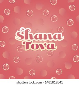 Vector modern flat israel new year celebration banner template. Hebrew text Shana tova means "Happy new year" on gradient red background with pomegranate symbol. Design for poster, card, greeting