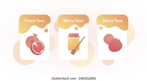 Vector modern flat israel new year celebration banner design template set. Hebrew text Shana tova means "Happy new year" with apple, pomegranate and honey jar symbol isolated on white background