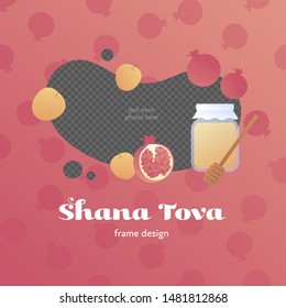 Vector modern flat israel new year celebration social media stories template. Hebrew text Shana tova means "Happy new year" with apple, pomegranate, honey jar symbol and transparent place for photo