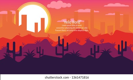 Vector modern flat landscape with cactus plants and long shadows. Illustration with sunset views in orange. - Vector