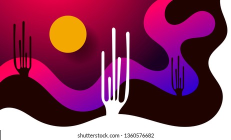 Vector modern flat landscape Illustration with sunset view in purple, violet and pink colors.