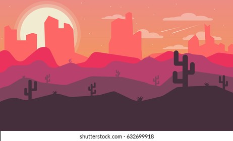 Vector modern flat landscape with lonely cactus and long shadow. Illustration with sunset view in purple, violet and pink colors.