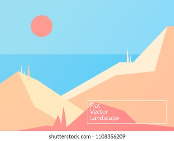 Vector modern flat landscape with the mountains and sea. Vector Illustration