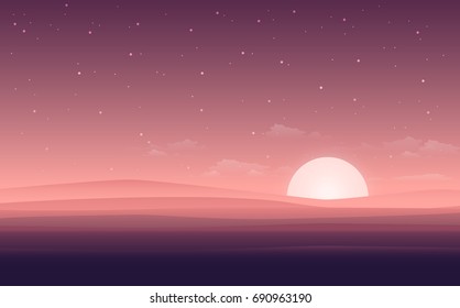 Vector modern flat landscape view with the night of desert. Illustration with the sunset view in the desert. or the website background