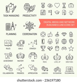 Vector modern flat line design icons set on business, social media, digital management, networking, task managing, coordination, gamification, marketing, training, development, planning, goals, rules