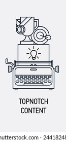 Vector modern flat line design web banner on providing highest quality content for websites | Winning copywriting design featuring typewriter, idea light bulb, award items and hit the mark icon