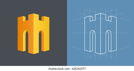 Vector modern flat logo with a medieval tower looking like a helmet with a nose guard. Expressing protection, safety, responsibility, loyalty, power, force. Blueprint with grid guidelines.