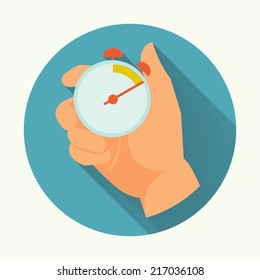 Vektorillustration moderne, flache, lange Schattenspur mit Stoppuhr| Countdown-Symbol mit Zeigerhaltenden-Timer mit Ticken von Sekunden 