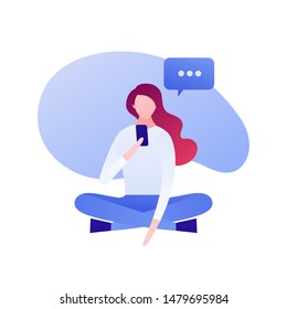 Vector modern flat mobile communication character illustration. Young woman sitting holding smartphone with talk bubble on fluid background Concept network people connection. Design element for banner