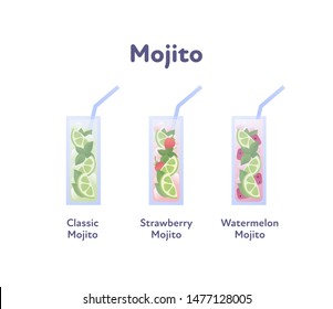 Vector modern flat mojito cocktail illustration set. Color glass with classical, watermelon, strawberry drink isolated on white. Design element for alcoholic beverage menu, ad, restaurant, cafe.