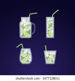 Vector modern flat mojito cocktail illustration set. Glass with classical green mohito drink isolated on gradient blue background. Design element for alcoholic beverage menu, ad, restaurant, cafe.