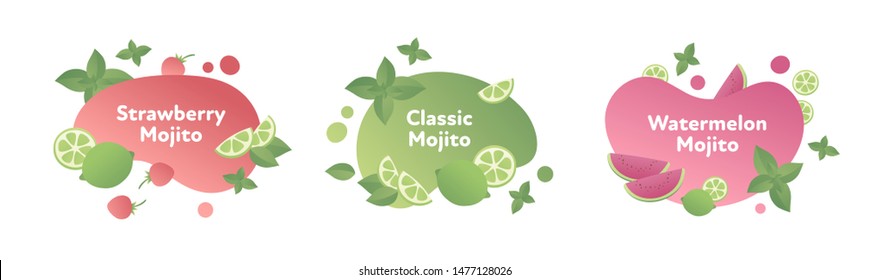 Vector modern flat mojito cocktail banner template illustration set. Fluid shape red and green color and fruits symbol isolated on white. Design element for alcoholic menu, ad, restaurant, cafe.