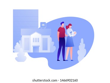 Vector modern flat newborn parents character illustration. Happy father and mother couple holding walking from hospital on white. Design element for clinic banner, poster, infographics, medicine.