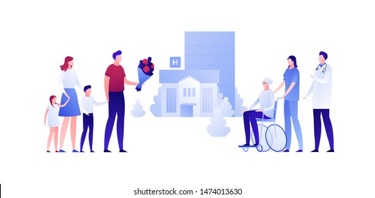 Vector Modern Flat Nursing House Person Illustration. Big Family Meet Grandmother Sitting On Wheelchair On Home Building Outdoor Background On White. Design Character Element For Banner, Poster.