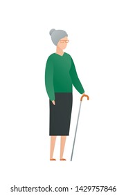 Vector modern flat old character illustration. Cute aged female standing with cane isolated on white background. Aged people with grey hair