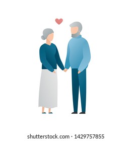 Vector modern flat old family character illustration. Cute loving aged couple male and female staying and holding hands with hearts isolated on white background. Older people in love