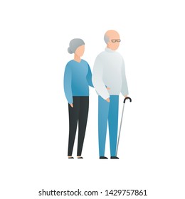 Vector modern flat old family character illustration. Cute aged couple male and female staying and holding hands isolated on white background. Aged people with grey hair and cane