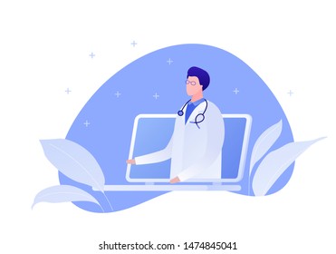 Vector modern flat online doctor illustration. Laptop with man doctor on blue fluid shape with leaf isolated on white background. Design for web clinic, hospital, service, diagnostic, advertisment