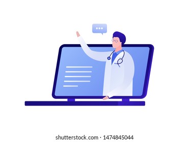 Vector modern flat online doctor illustration. Laptop with man doctor and talk bubble isolated on white background. Design for web clinic, hospital, service, diagnostic, advertisment