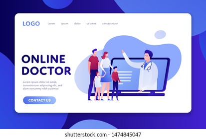 Vector modern flat online doctor banner template. Laptop with doctor and family characters on white background with fluid shapes. Design for web clinic, hospital, service, diagnostic, advertisment