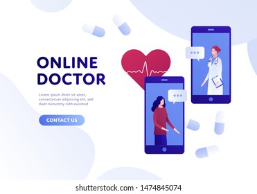 Vector modern flat online doctor banner template. Smartphone with female doctor and patient, pills and heart on white background. Design for web clinic, hospital, service, diagnostic, advertisment