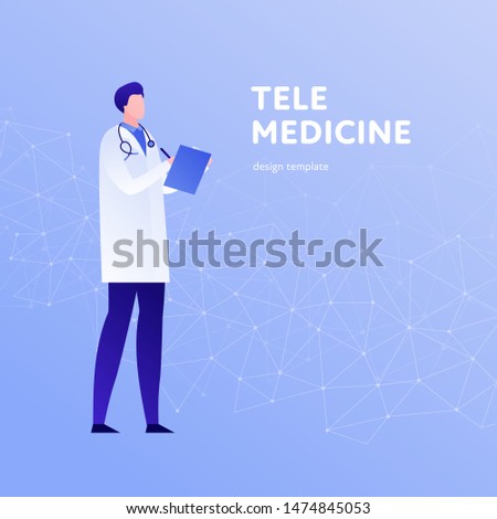 Vector modern flat online doctor banner template. Male doctor on blue low poly background. Design for web clinic, hospital, service, diagnostic, advertisment, telemedicine, biomedicine
