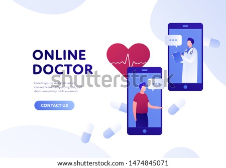 Vector modern flat online doctor banner template. Smartphone with male doctor and patient, pills and heart on white background. Design for web clinic, hospital, service, diagnostic, advertisment