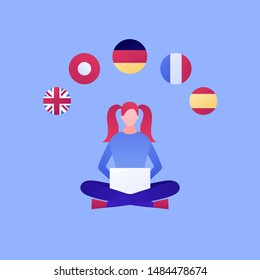 Vector modern flat online language education illustration. Female sitting with laptop and english, french, german, spain and chinese flag icons. Design for posters, flyers, cards, banners