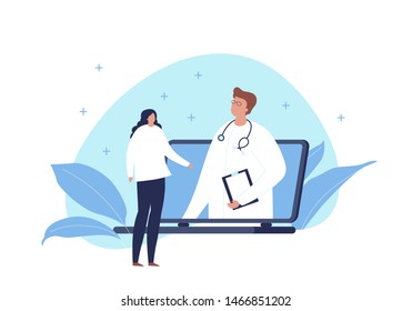 Vector modern flat online medicine banner template illustration. Doctor standing in pc screen and talking with woman patient on fluid blue shape on white. Design for web, hospital, clinic, infographic