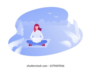 Vector modern flat outdoor working character illustration. Young woman sitting with laptop on nature park with leaf. Concept of freelance work in relax landscape Design element for banner, poster, web