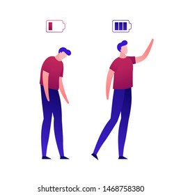 Vector modern flat person battery charging illustration. Color set of tired and success men isolated on white background. Concept of business, mood, emotion, depression, idea. Design element