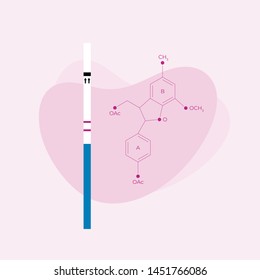 Vector modern flat pregnancy banner. Pregnancy stick test, fluid heart shape and hcg hormone structure isolated on pink background. Design element for poster, infographic, education