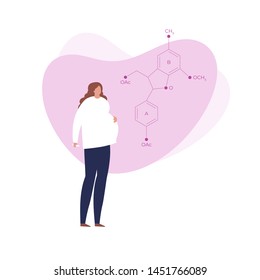 Vector modern flat pregnancy banner. Pregnant woman with belly standing with fluid heart shape and hcg hormone structure isolated on white background. Design element for poster, infographic, education