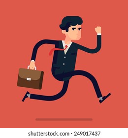 Vector modern flat presentation character design element on businessman in suit with briefcase being late running fast, full length, isolated