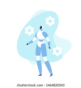 Modelo moderno de banner robot plano vectorial. Carácter androide azul sobre formas fluidas fondo con ruedas de engranajes aisladas en blanco. Elemento de diseño para la ciencia, robótica, ingeniería, afiche