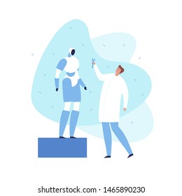 Vector modern flat robot engineer character illustration. Android and male with wrench on blue shape background isolated on white. Concept of future engineering. Design element for web, banner