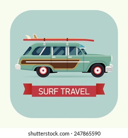 Vector Modern Flat Square Transport Vehicle Icon On Surf Trip Destination Retro Woodie Wagon Car With Surfboards