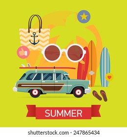 Vector modern flat square web banner design on best summer vacation, beach recreation, water activities, surfing for travel agency promotion with woody surf car, palms, surfboards, beach bag, glasses