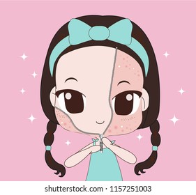 Vector modern flat style cartoon character illustration. A girl with no problem from her skin with acne. Just like opening a zip on the face.