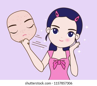 Vector modern flat style cartoon character illustration. A girl with no problem from her skin with acne. Such as lifting the mask.