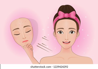 Vector modern flat style cartoon character illustration. A girl with no problem from her skin with acne. Such as lifting the mask.