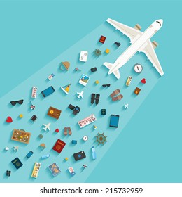 Vector modern flat style concept for tourism industry, travelling on airplane, planning summer vacations.