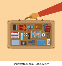 Vector modern flat style icons set for tourism industry, travelling on airplane, planning summer vacations.