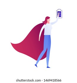 Vector modern flat super woman person battery charge illustration. Color leader female with full batttery in hand isolated on white. Concept of business, mood, emotion, solution, idea. Design element