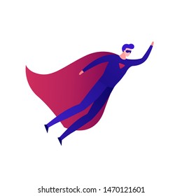 Vector modern flat superhero person illustration. Male in super hero suit with red cape flying isolated on white background. Design element for office leadership banner, poster, infographic, ad.