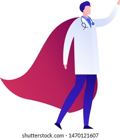 Vector modern flat superhero person illustration. Male doctor in uniform cloak with red cape standing isolated on white background. Design element for medical banner, healthcare poster, clinic.